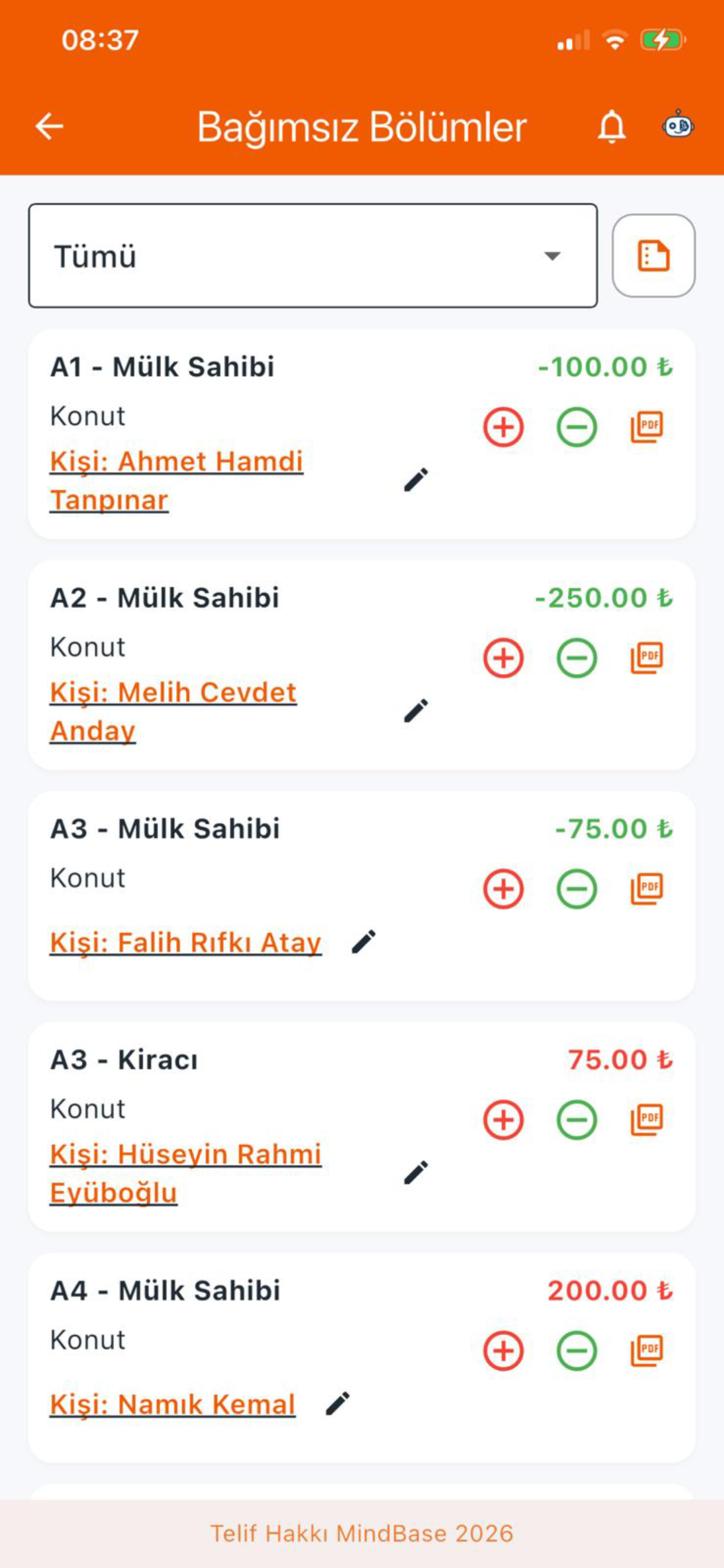 ApartMind mobil uygulama bağımsız bölümler ekranı