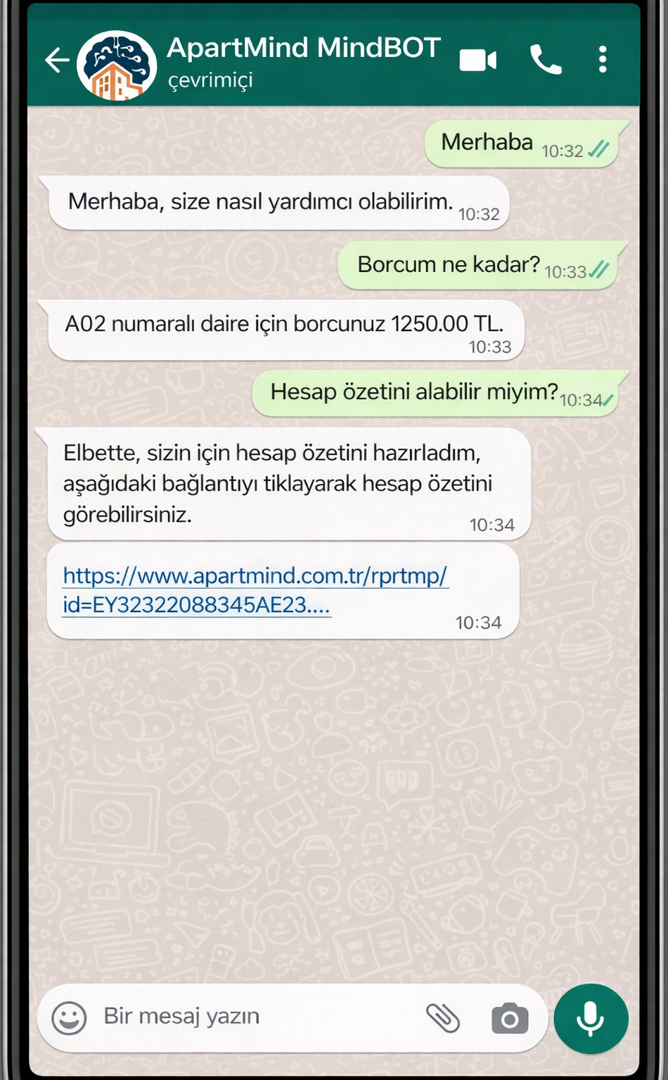MindBOT WhatsApp üzerinden borç sorgulama konuşması